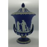 19th Century Wedgwood Dip Blue Handled Jar & Cover: re-glued acorn finial to lid, height 21cm