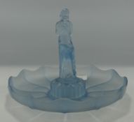 Art Deco Ice Blue Satin Glass Woman Figure Flower Frog & Bowl: