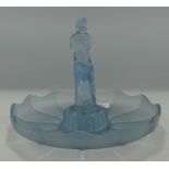 Art Deco Ice Blue Satin Glass Woman Figure Flower Frog & Bowl: