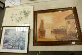 Three Framed Decorative Pictures: One signed oil on canvas painting, one is silk embroidery plus one