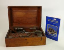 Early 20th century watchmakers lathe in wooden case: Fine quality comprehensive steel precision