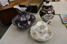 Two wash basins with jug sets: and an Oriental style temple jar and cover (3).