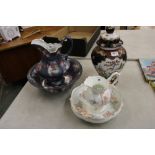 Two wash basins with jug sets: and an Oriental style temple jar and cover (3).