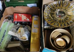A mixed collection of items: hole punchers, hoover bags, boxed corkscrew set etc (2 trays).