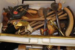 A collection of vintage wooden items: African salad set, curved crumb brushes, bottle corker etc (
