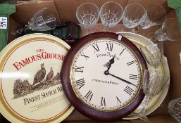 A mixed collection of items: Famous Grouse wall clock, Famous Grouse drinks trays x 2, hock