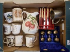 A mixed collection of items: cased set of miniature goblets, Stoke on Trent pewter tankard, large