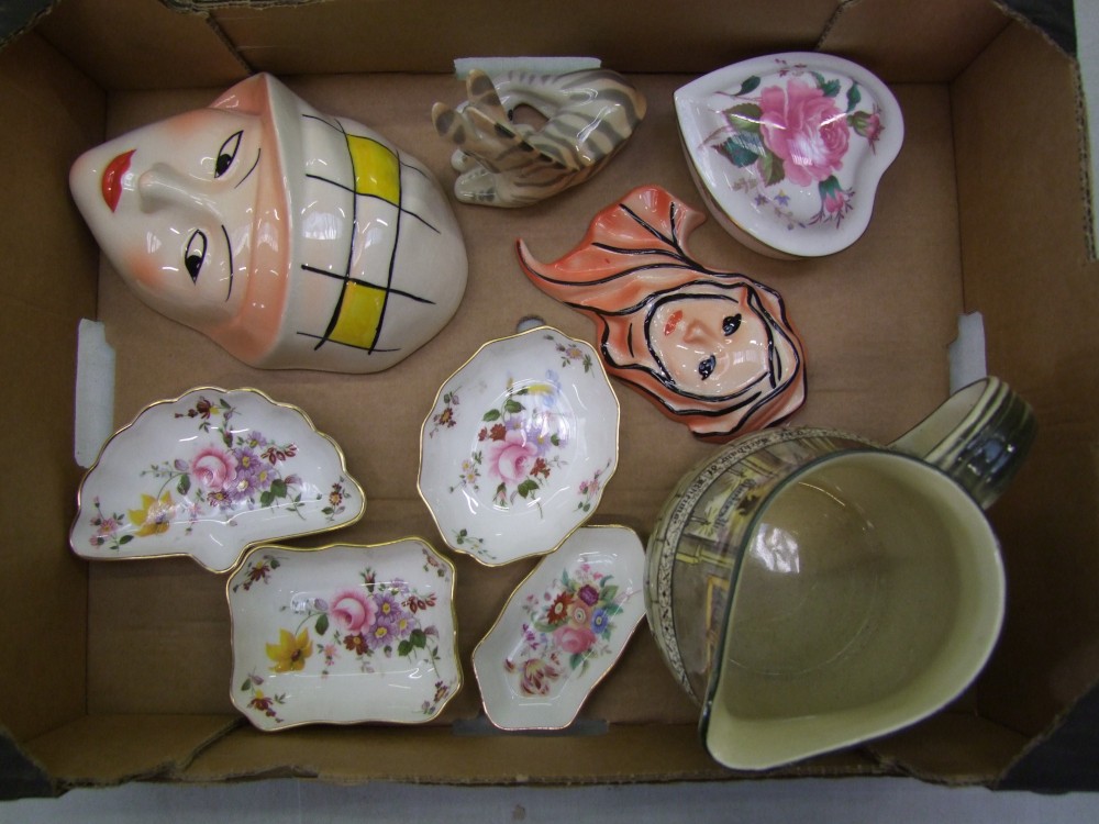 A mixed collection of ceramic items: Royal Crown Derby 'Derby Posies' pin dishes, Crown Devon face