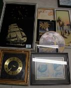 A mixed collection of framed items to include: Mid Century framed clock, prints, decorative
