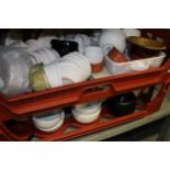 A large quantity of ramekins: together with pestle and mortar and dip bowls etc (2 trays).