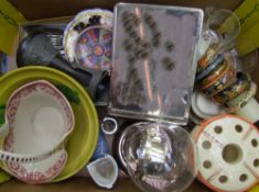 A mixed collection of items: Anniversary clock, papier mache bangles etc (1 tray).