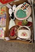 A mixed collection of ceramic items: Carlton ware dishes, wall plates, Wedgwood bud vases in the