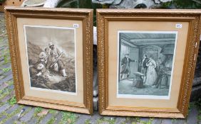 A pair of 19th century prints in ornate gilt frames: titled 'Too Late' & 'The Absent Minded