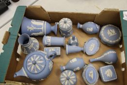 A collection of Wedgwood jasper ware to include: vases , lidded boxes, teapot ( chip to spout), jug,