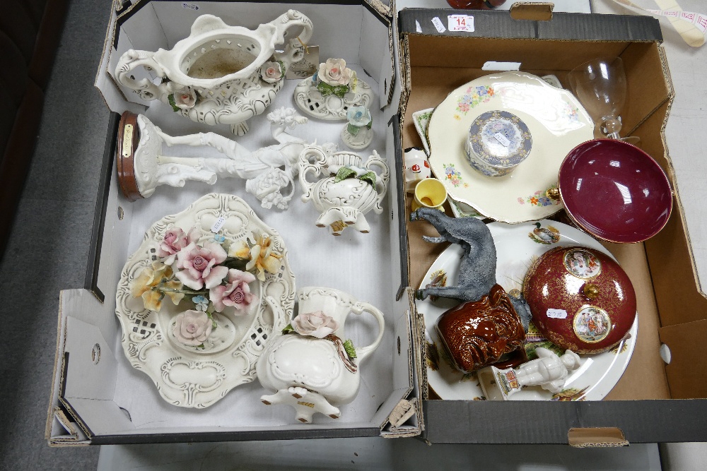 A mixed collection of items to include: Capo di monte Emboosed floral decorates items, Face pots,