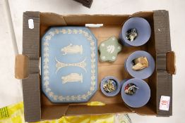 A collection of Wedgwood Jasper Ware to include: dip blue dressing table tray, vases & lidded box