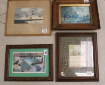 Four framed prints to include: Peter Scott mallards rising at dawn, abstract print etc