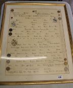 Framed hand written family tree from the 15th Century to the 20th Century: inset with coins from the