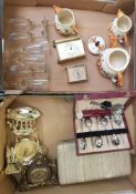 A mixed collection of items: hunting theme tea service, mantel and carriage clocks, cased dessert