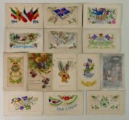 A good collection of first world war WWI silk postcards: Including 1914-1915 flags, ASC, RFA, RE