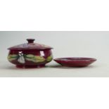 Moorcroft Pansy on red ground powder dish and coaster (2):