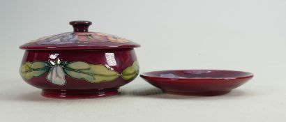 Moorcroft Pansy on red ground powder dish and coaster (2):