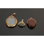 9ct gold large & small fob plus locket: Large rose gold swivel hardstone fob with faint hallmarks,