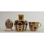 Three Royal Crown Derby pieces: Old Imari 1128 gilt vase 11cm high x 9cm wide, India pattern