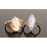 Two 9ct gold rings set Wedgwood & cameo: Gross weight 2.9g sizes S (cameo) & Q (2)