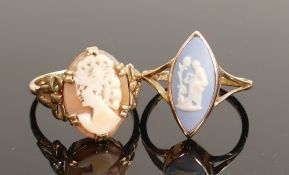 Two 9ct gold rings set Wedgwood & cameo: Gross weight 2.9g sizes S (cameo) & Q (2)