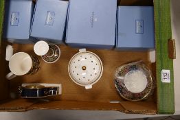 A collection of Boxed Wedgwood Clio patterned items to include: mantle clock , mug, lidded pot,