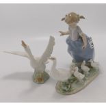 Lladro Child & Goose Figures: 5503 & Hissing Goose: cane missing on larger item, goose (2)