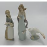 Lladro figures M17-G, Girl with Piglet & Goose: all with issues(3)