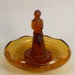 Art Deco Amber Glass Bowl & Frog: diameter of bowl 29cm