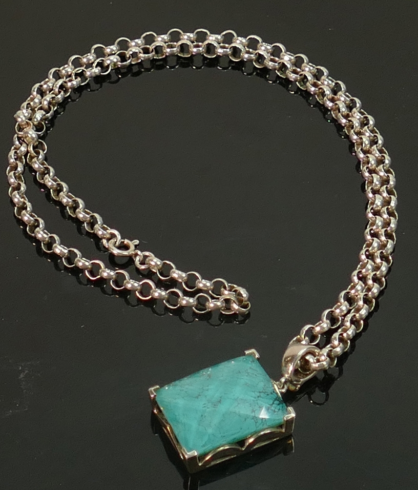 Silver turquoise glass pendant and chain,34.6g: