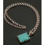 Silver turquoise glass pendant and chain,34.6g: