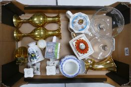 A mixed collection of items to include: Sadlers Commemorative teapots, brass ware, Coalport