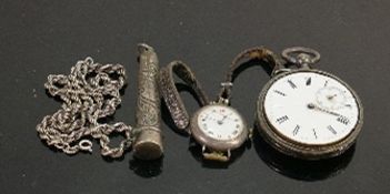 Job lot of silver items: Includes .935 silver watch missing bezel, cigarette holder case, wrist