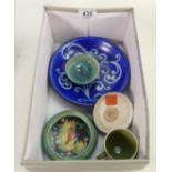 A collection of Moorcroft pottery items: including plate, dish, box cover, anemone coffee can etc (