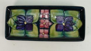 Moorcroft Violets patterned oblong tray: Length 20cm.