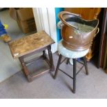 Small Oak Table: later stool & copper coal bucket(3)