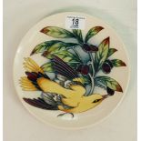 Moorcroft Golden Oriole Plate by Philip Gibson in Trial Colourway, dated 31-10-02.