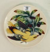 Moorcroft Golden Oriole Plate by Philip Gibson in Trial Colourway, dated 31-10-02.