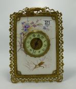 Brass Tile Framed Mantle Clock: frame with dragon decoration, damaged tile with floral decoration,