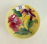 Moorcroft Hibiscus footed bowl: on yellow. 13.5cm diameter