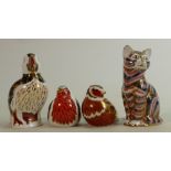 Royal Crown Derby paperweights x 4: Puffin, Robin, Sparrow (or similar) and cat seated, all with