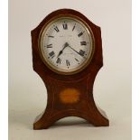 Mahogany inlaid clock: Eustance & Co. Warrington, not working, broken balance. 20cm high.