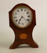 Mahogany inlaid clock: Eustance & Co. Warrington, not working, broken balance. 20cm high.