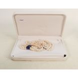 Cultured pearl necklace and earrings mounted in 14ct gold plus cultured pearl bracelet: Earrings and