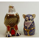 Two Royal Crown Derby paperweights Golden Eagle & Koala: Eagle silver stopper, Koala gold. Large